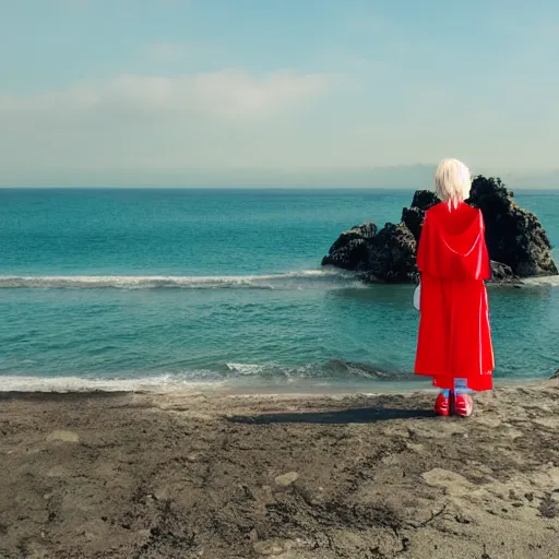 Prompt: japanese anime, white haired girl in red dress standing by the sea