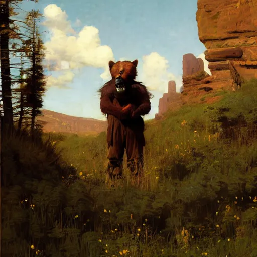 Prompt: wild west portrait of furry anthro anthropomorphic grizzly bear head animal person fursona wearing clothes in the valley, sunny day, digital art by Nerdrum John, William Waterhouse, Winslow Homer, Alex Heywood, Jordan Grimmer, Darren Quach, Greg Rutkowski, Simon Stalenhag, trending on Artstation, CGSociety