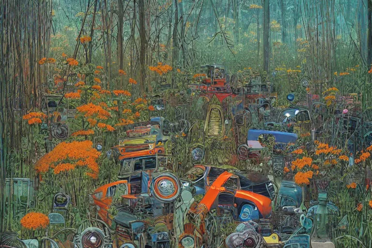 Image similar to super - detailed scene twilight junkyard, louisiana swamps, orange blooming flowers garden, 8 k, 8 0 s japanese sci - fi books art, artwork by jean giraud