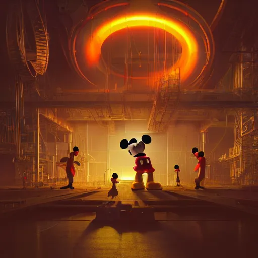 Image similar to photorender of many workers operating big mickey mouse head, low light, glowing red light behind, highly detailed 4 k intricate art, unreal engine, concept art, digital art, beeple, cgsociety, octane render, realistic, sharp focus, smooth, greg rutkowski, alphonse mucha