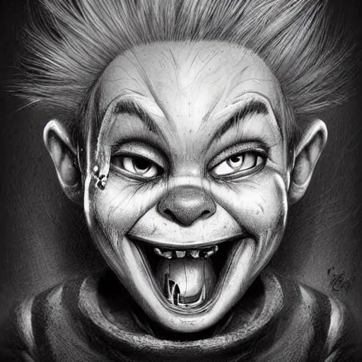 Image similar to surrealism grunge cartoon portrait sketch of chucky with a wide smile, by michael karcz, loony toons style, freddy krueger style, horror theme, detailed, elegant, intricate