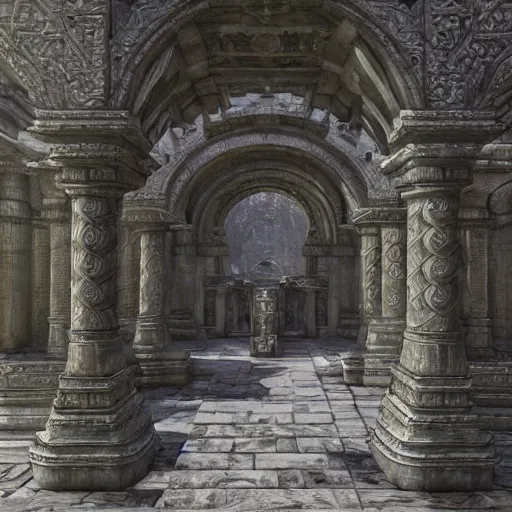 Image similar to realistic hyper detailed hard surface modelled 3 d geometry, tomb raider temple ruins, deep perspective, wide angle, insanely detailed and intricate, ornate patterned people, by sir james guthrie