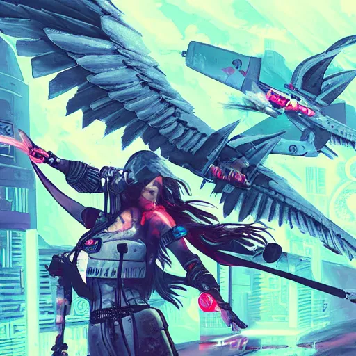 Image similar to flight of the valkyries, cyberpunk, fantasy illustration