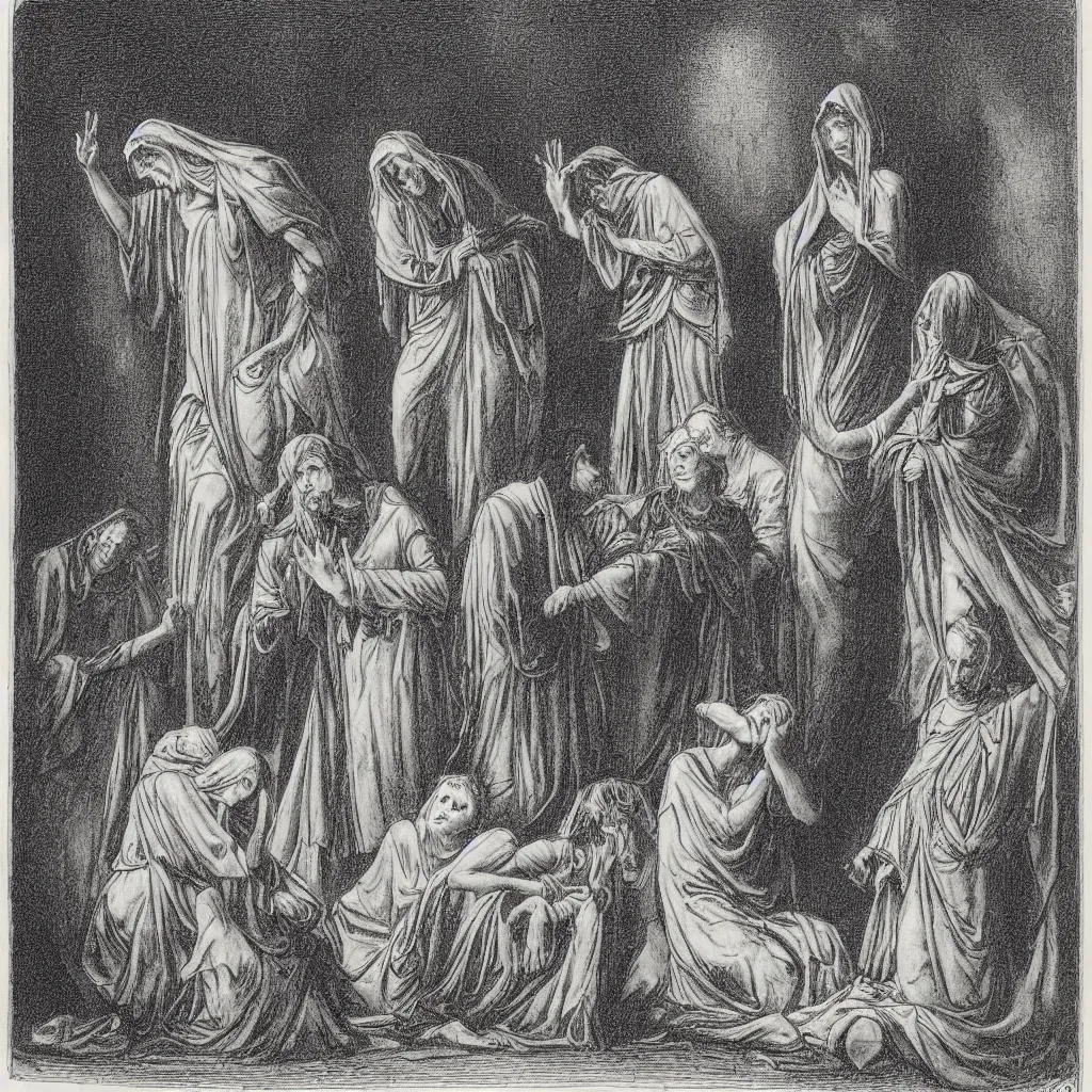 Image similar to a gustav dore etching of 3 maria's crying at the death of christ