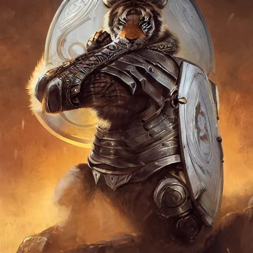 Image similar to commission portrait of a fit male anthro tiger holding a shield and wearing armour,character design by charles bowater,greg rutkowski,ross tran,hyperdetailed,hyperrealistic,4k,deviantart,artstation,professional photography,concept art