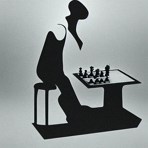 Prompt: filmstill of Marcel Duchamp playing chess against a futuristic machine, long exposure, minimal composition, packshot, archival pigment print