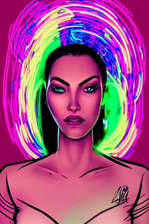 Prompt: a award winning portrait of a beautiful woman with stunning eyes in a one off shoulder crop top and cargo pants with rainbow colored hair, outlined by whirling illuminated neon lines and fine lines swirling in circles by marvel comics, digital art, trending on artstation