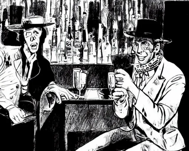 Image similar to Tom Waits and Roberto Benigni in a pub by Will Eisner