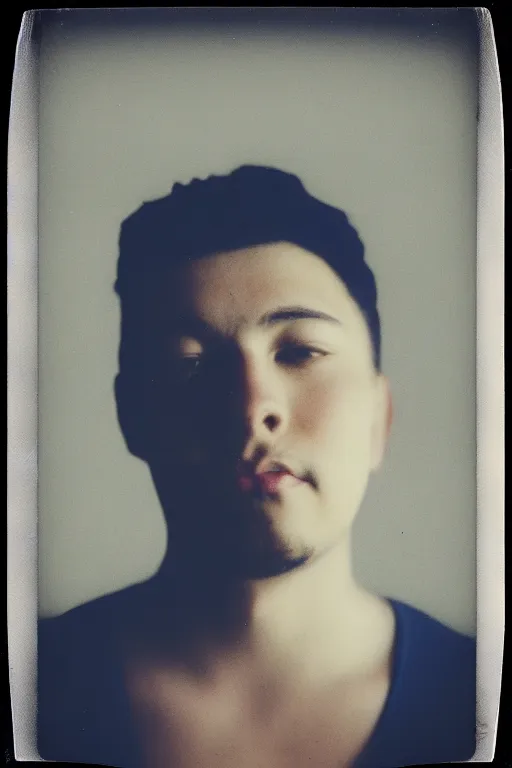 Prompt: vintage polaroid analog portrait photography of a beautiful trans man, warm azure tones, heavy lensflare, color bleed, film grain