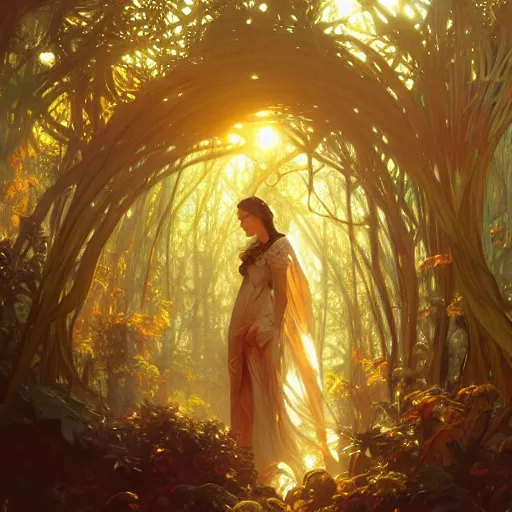 Prompt: divine forest of light, cinematic, ray of golden sunlight, alphonse mucha, greg rutkowski, trending on artstation, artgerm, breathtaking, smooth, mark arian, award winning