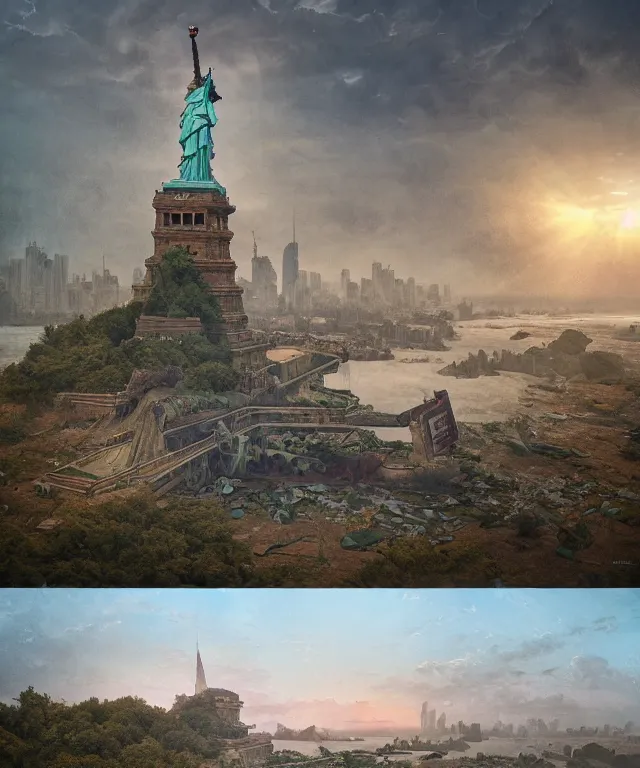 Image similar to highly detailed digital matte painting of an overgrown, abandoned, damaged Lady of Liberty, taken back by nature Full shot. By Raphael LaCoste and Ruan Jia and Robert McCall, postcyberpunk, geodesic dome, hyperdetailed, sunrise, wide shot, autochrome, octane render