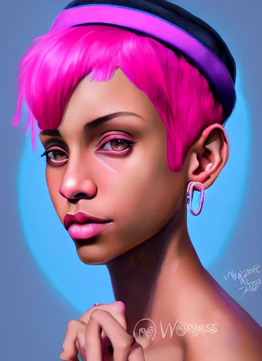 Image similar to portrait of teenage vanessa morgan with bright pink hair, black girl, curly pixie cut hair, wearing newsboy cap, pink short haircut, newsboy cap, hoop earrings, blue eyes, intricate, elegant, glowing lights, highly detailed, digital painting, artstation, concept art, smooth, sharp focus, illustration, art by wlop, mars ravelo and greg rutkowski