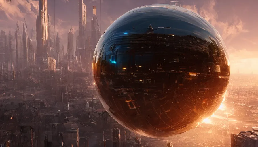 Image similar to giant metallic sphere falling to the sky and destroying city, hyperdetailed, artstation, cgsociety, 8 k