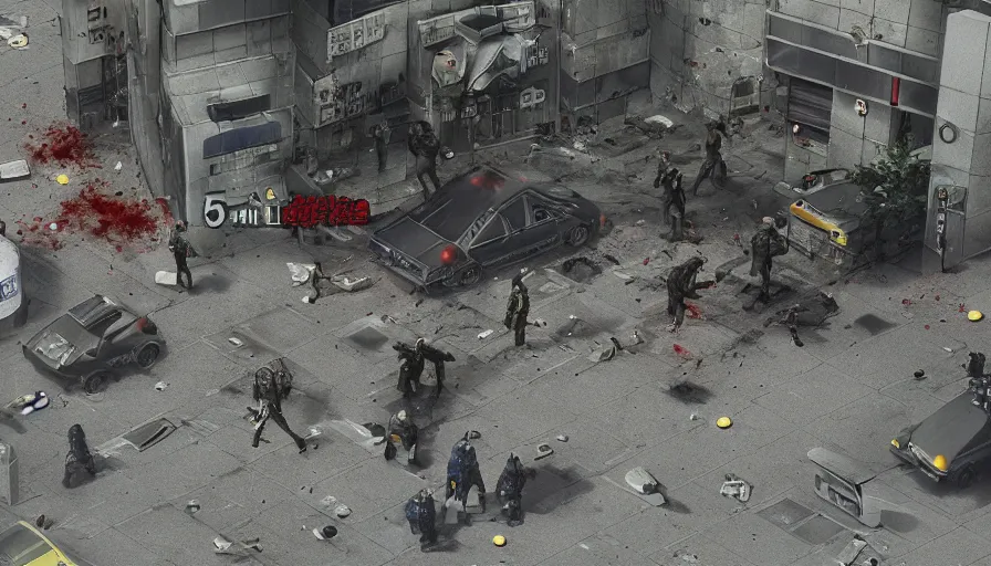 Image similar to 1994 Video Game Screenshot, Anime Neo-tokyo Cyborg bank robbers vs police, Set in Cyberpunk Bank Lobby, Multiplayer set-piece :9, Police officers under heavy fire, Police Calling for back up, Bullet Holes and Blood Splatter, :6 Smoke Grenades, Riot Shields, Large Caliber Sniper Fire, Chaos, Anime Cyberpunk, Anime Bullet VFX, Machine Gun Fire, Violent Gun Action, Shootout, Escape From Tarkov, Intruder, Payday 2, 8k :4 by Katsuhiro Otomo: 9