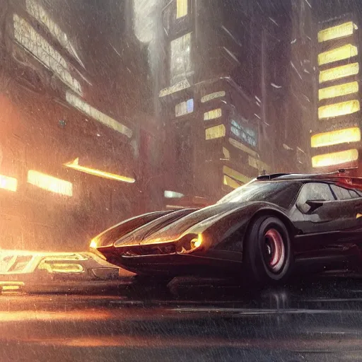 Prompt: full view of a car, intricate, elegant, highly detailed, digital painting, concept art, smooth, sharp focus, art style from Wang Ke and Greg Rutkowski and Bruce Kaiser and Scott Robertson and Dmitry Mazurkevich and Doruk Erdem and Jon Sibal, small style cue from blade runner