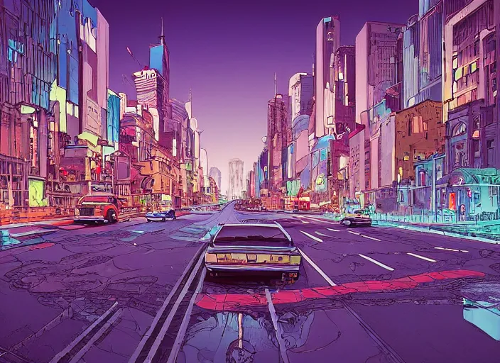 Image similar to wide view of a city, on the street, no cars. sharp focus, cinematic pose, cinematic lighting, unreal engine render. art by josan gonzales and moebius and deathburger.