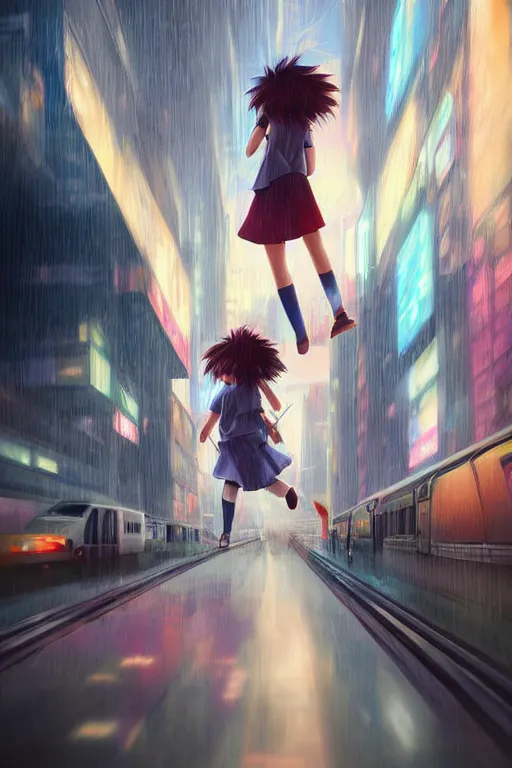 Image similar to 3d ultra realistic anime illustration, two schoolgirls flying on huge japanese elevated subway at rainy sunset. deep and complex composition. Pastel colors. style of Hiro Kiyohara anime. redshift, octane, trending on artstation, cinematic, oil painting