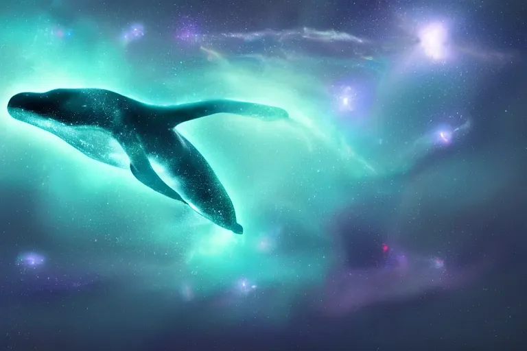 Prompt: a cosmic bioluminescent whale jumping through a space nebula leaving stardust trails behind, digital art, photorealistic