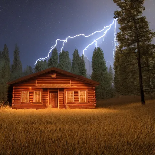 Image similar to a ultra realistic blue lightning arc over a cabin in the wood, by night. cows in the field. pines. horror movie scene, complex, highly detailed, unreal engine 5, 8 k render