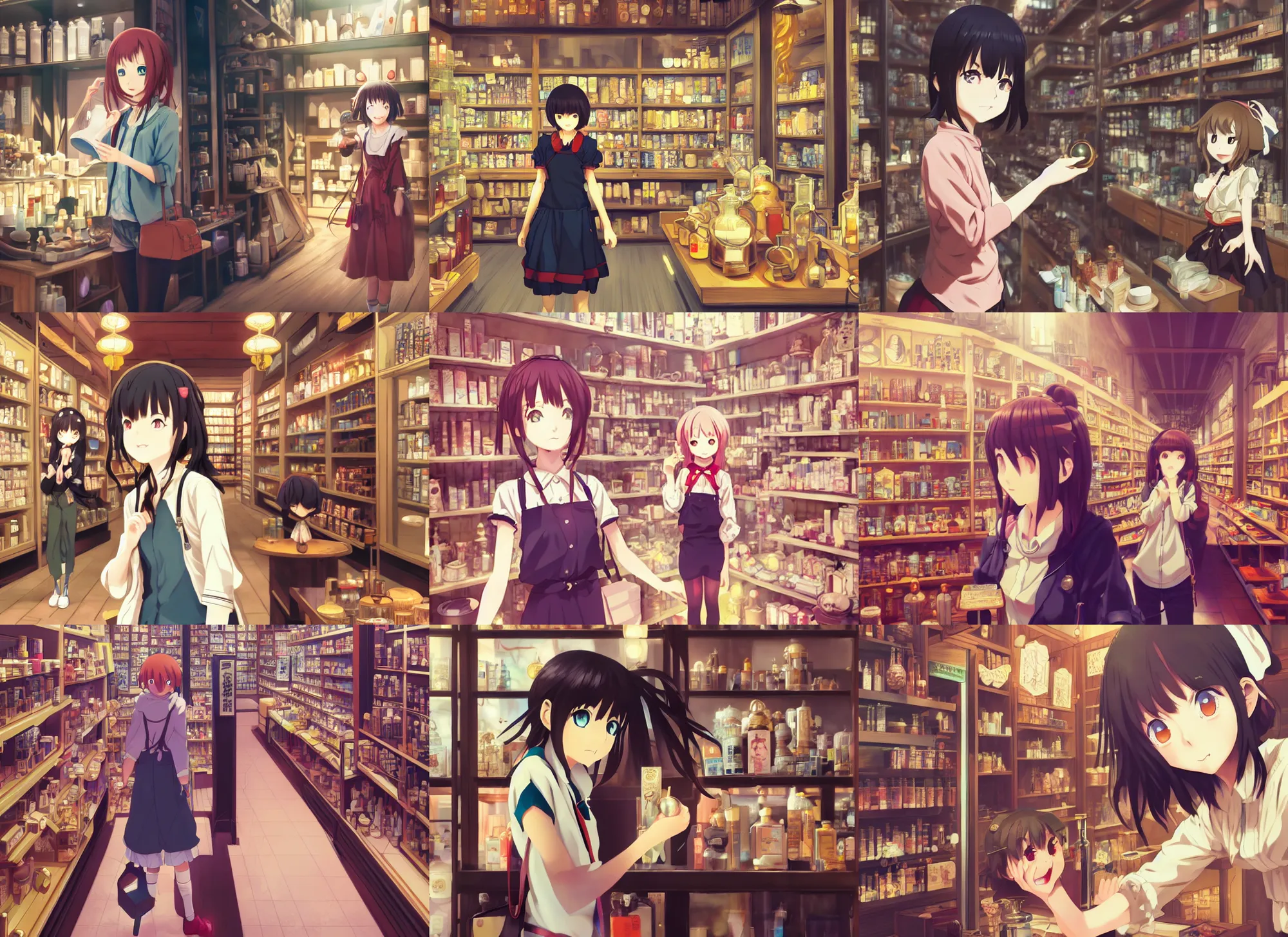 Prompt: anime frames, portrait of a young female traveler in a alchemist's potion shop interior shopping, cute face by yoshinari yoh, dynamic perspective pose, lomography, hdr, ilya kuvshinov