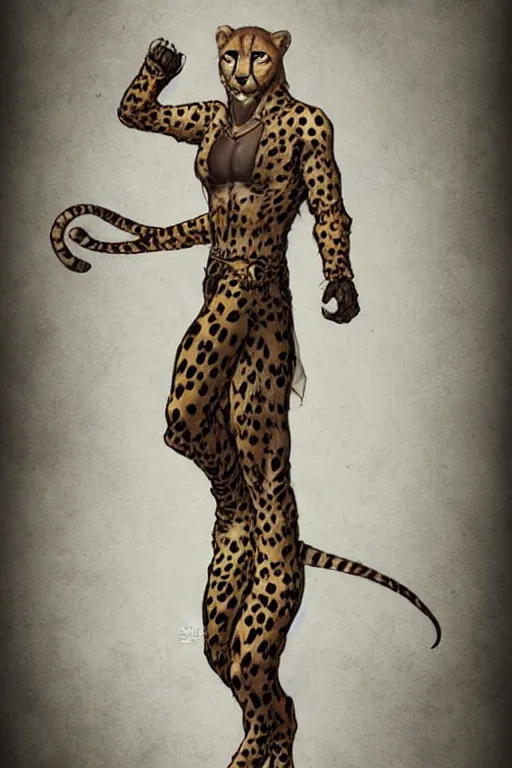 Prompt: Humanoid Cheetah, Animal face, D&D, Tabaxi, Simple plain robe attire, fantasy setting, character concept art