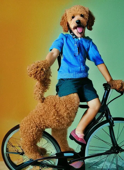 Prompt: digital art, golden doodle puppy, riding a stationary bike, cute, artistic, fuji 8 0 0 film