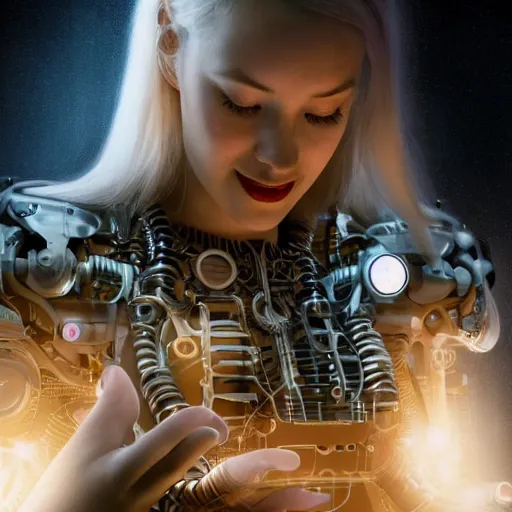 Prompt: a beautiful intricate fine art portrait photo of a happy mechanical futuristic cybernetic female cyborg reading a letter of admission held in her hands, by tom bagshaw and zach sutton, eyes light up, happiness!, perfection!, studio lighting, golden ratio composition, 50mm lens, bionic, cybernetic scifi, deep depth of field, artstation, 8K