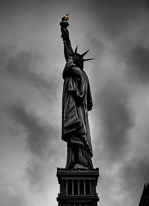 Image similar to giant monster walking between buildings, and it has the angry face of the statue of liberty