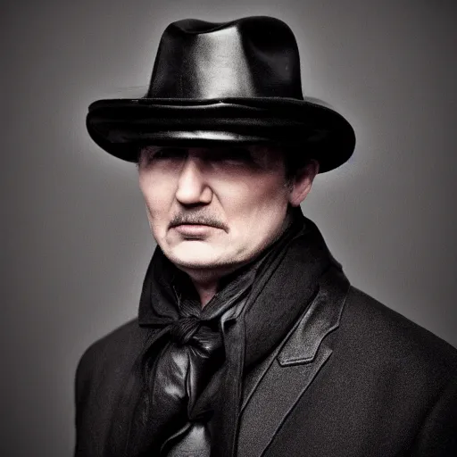 Prompt: a gentleman wearing a black leather hat, cinematic style