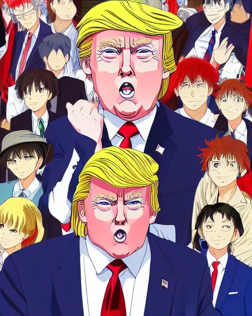 Image similar to an anime portrait of Donald Trump, a portrait of Donald Trump by studio Ghibli and Toei, highly detailed anime portrait, symmetric, trending on artstationhq