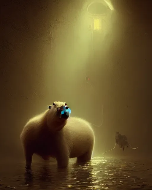 Prompt: white capybara petted by dark vader, surreal photography, volumetric light, impressionist painting, digital painting, artstation, kilian eng, john harris, bastien lecouffe - deharme, simon stalenhag