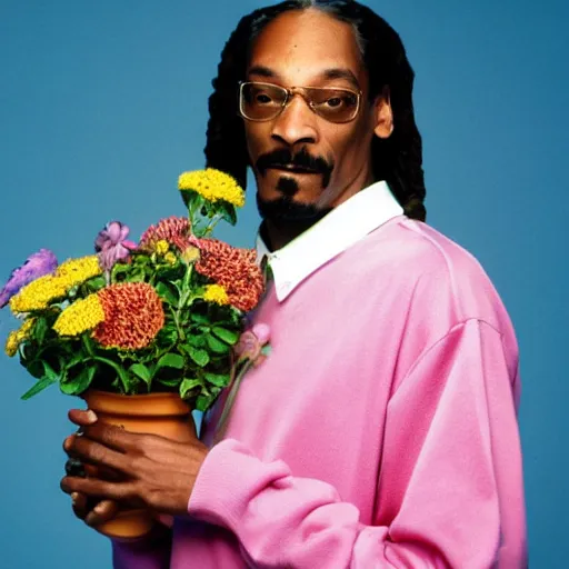 Prompt: Snoop Dogg holding a Vase of flowers for a 1990s sitcom tv show, Studio Photograph, portrait, C 9.0