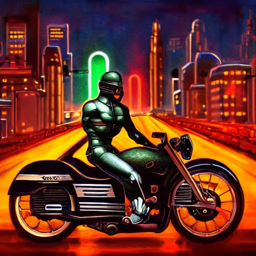 Image similar to cyborg rides a motorcycle down gotham city art deco highway, goliath statue support beams, ayn rand raised highway, filiment buld traffic lights, golden light, dark oil painting, global illumination