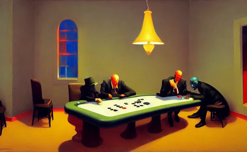 Prompt: Poker room, very coherent, painted by Edward Hopper, Wayne Barlowe, painted by James Gilleard, airbrush, art by JamesJean