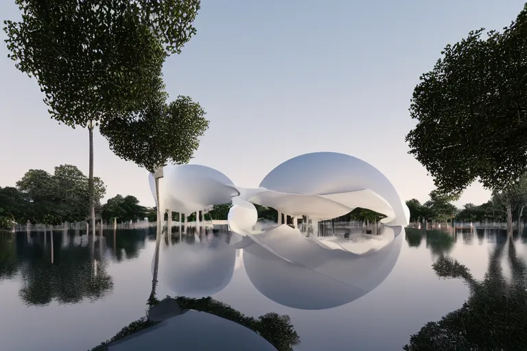 Prompt: a building formed by the cross combination and fusion of 2 0 white spherical and egg shaped spaces of different sizes, on the calm lake surface, people's perspective modern curved architecture, future, wood, marble, metal award winning, highly detailed 4 k art, dusk, unreal engine highly rendered, global illumination, radial light, internal environment by kazuyo sejima