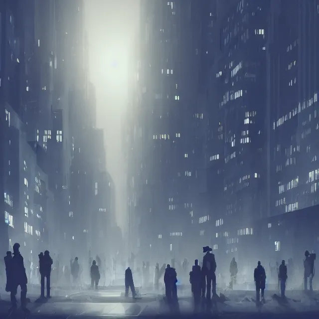 Prompt: a city full of mindless humanoids staring at there phones in a cold and dark metropolis, trending on artstation hq, deviantart, pinterest, 4 k uhd image