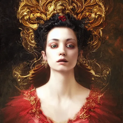 Image similar to portrait of a red sorcerer, sharp focus, black hair, baroque, rococo, highly detailed, intricate, bird mask, white, regal clothing, gold ethereal light, by livia prima