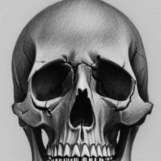 Prompt: found pencil drawing of a skull, extremely detailed, 8k