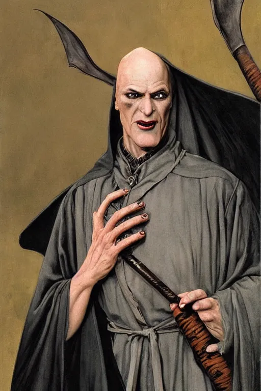 Image similar to a bald vampire wearing a long black robe with large bat ears huge black eyes and gray skin, character art, painting by james c christensen