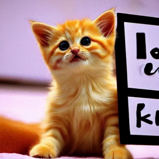 Image similar to cute fluffy orange tabby kitten with a sign that says