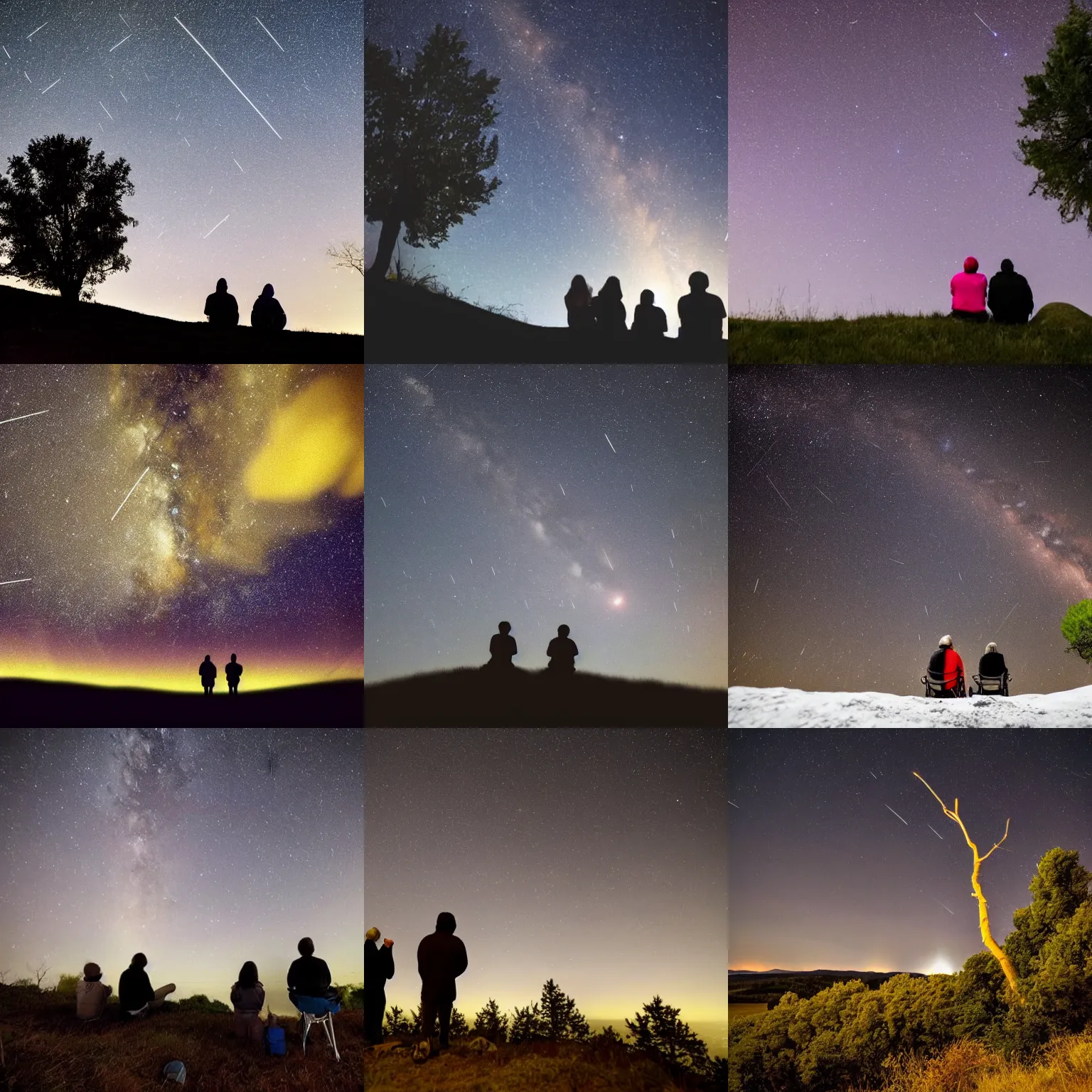 Prompt: two people watching a meteor shower on a hill with a tree