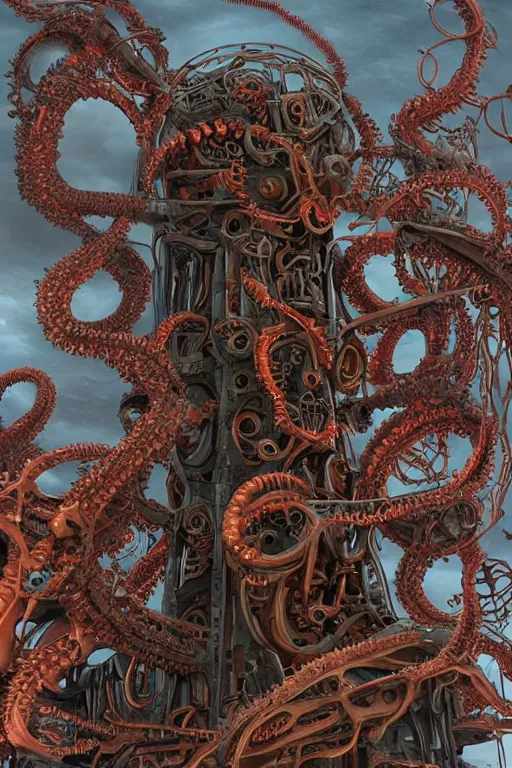 Prompt: lovecraftian biomechanical machine tower with fleshy tendrils and eyeball at top overlooking dystopian wasteland, highly detailed, colorful with red hues