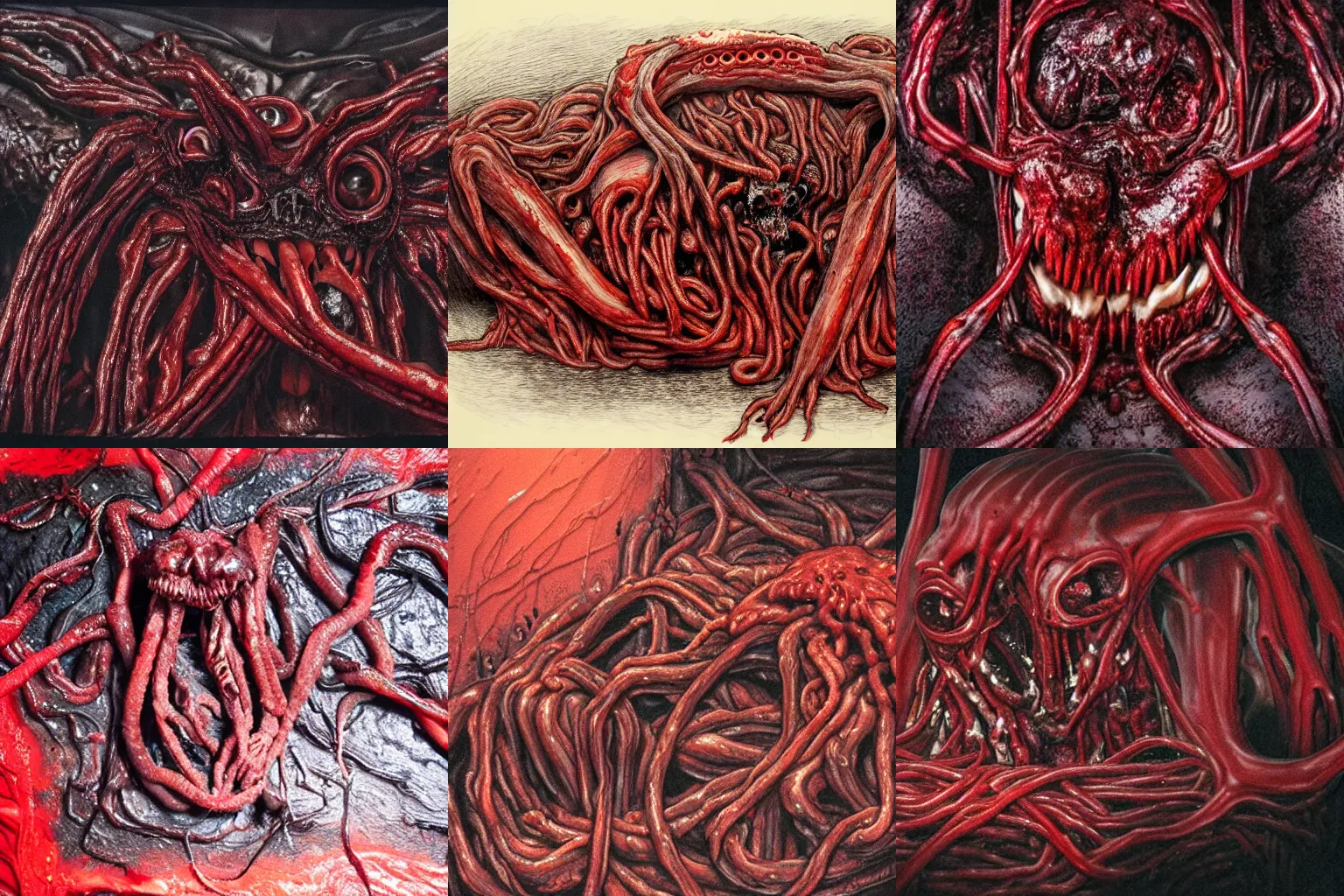 Prompt: a dark red gory structure of intertwined decaying muscles, mouths full of sharp teeth monstrously molten together, numerous spider-like eyes, and intestines lying in a pool of clotting blood and pus, slowly engulfing its surroundings with twitching veins and bloody intestines, dark hazy room, high-quality sculpture, hyperrealistic, in color