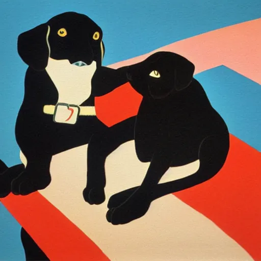 Prompt: a black thin slender labrador dog and two cats, oil painting by Hiroshi Nagai