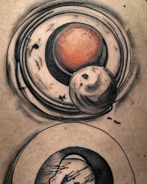 Image similar to planets coming out from the top of a broken renaissance head statue, tattoo design, hyper - realistic, in the style of tony santos