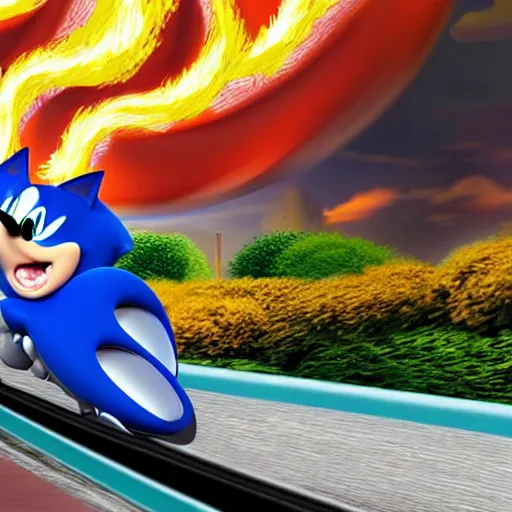 Image similar to hyper realistic sonic riding a roller coaster on fire in disney land