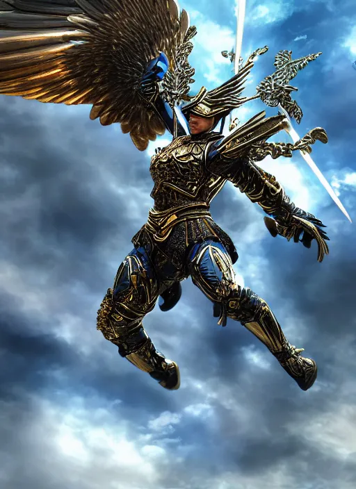 Image similar to archangel micheal flying in sky by huang guangjian, taekwon kim rostbite 3 engine, cryengine, dof, trending on artstation, digital art, chanel, dior, fantasy and detailed and intricate background