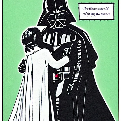 Image similar to a romance novel cover from 1 9 8 3, paperback, drawing, darth vader holding yoda on the cover, romantic