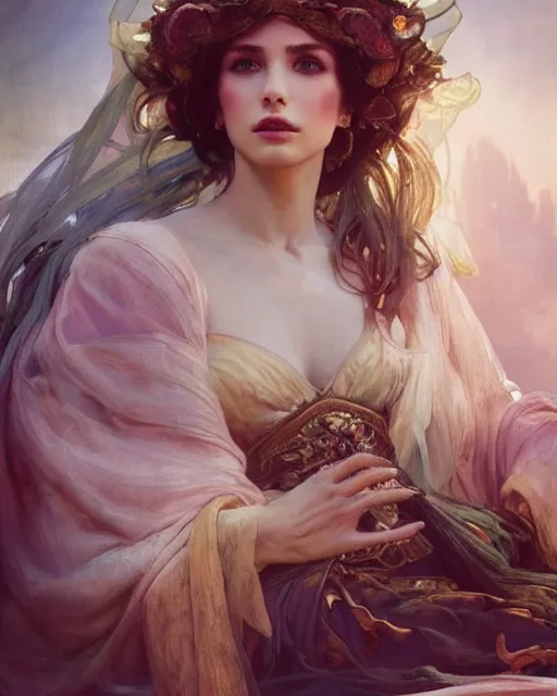 Image similar to a beautiful close up portrait of a sorceress sitting with elegant looks, flowing robe, ornate and flowing, intricate and soft by ruan jia, tom bagshaw, alphonse mucha, krenz cushart, beautiful roman architectural ruins in the background, epic sky, vray render, artstation, deviantart, pinterest, 5 0 0 px models