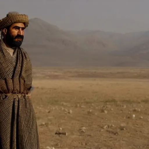 Prompt: Kurdish shepherd wearing Kurdish clothes in a movie directed by Christopher Nolan, movie still frame, promotional image, imax 70 mm footage